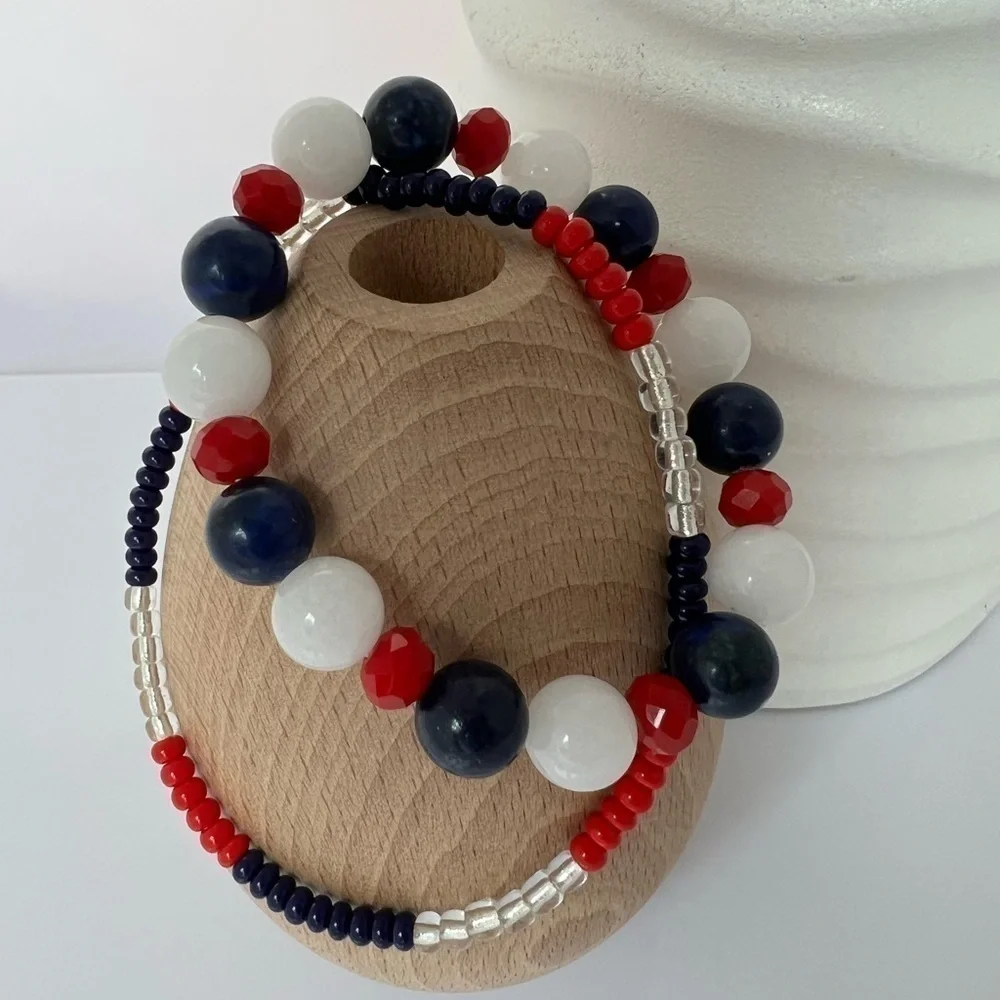 RED White& Blue Glass Stretch Beaded Anklet